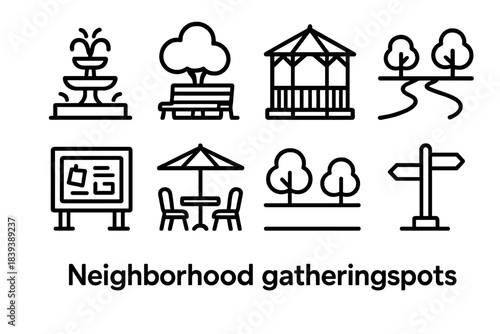 Community Icon Set. Neighborhood Gathering Spots linear set: plaza fountain, shaded bench, meeting gazebo, courtyard path, notice board, outdoor café set, open lawn, street corner