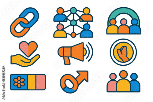 Connected Community Icons. Connected Community Set flat set: group-link badge, mutual aid node, gathering space tile, supportive gesture icon, shared-resource bar, collective voice