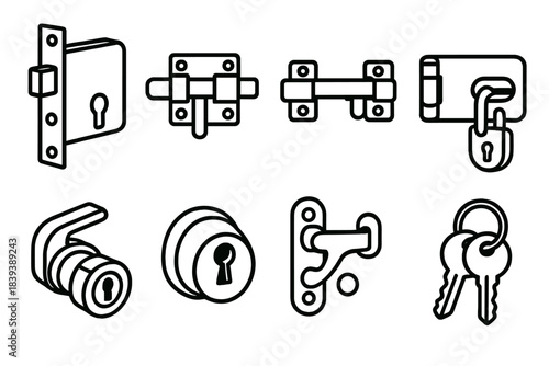 Mechanical Lock Icons. Mechanical lock items linear set: mortise lock, slide latch, barrel bolt, clasp hasp, cam latch, lock core, gate catch, keyring set.