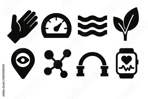 Brutalist Well-being Icons. Well-being support systems silhouette set: outreach hand, mood balance dial, calm wave bar, growth leaf, insight marker, supportive network node,