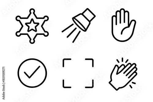 Recognition Icons Set. Recognition Symbols linear set: star badge, spotlight beam, raised hand, approval check, highlight frame, applause lines.