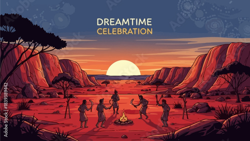 Dreamtime Celebration Indigenous Australian People Gather Around a Campfire at Sunset