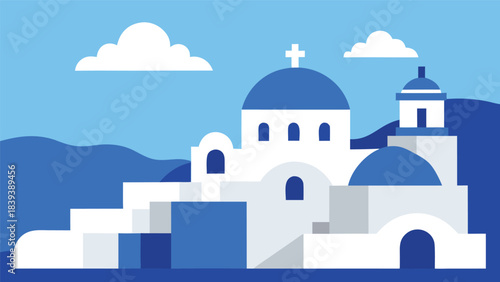 Traditional whitewashed greek church with blue dome and mountains