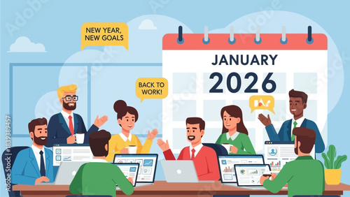 Business meeting in January 2026 discussing New Year goals and plans for the future