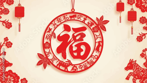 Vibrant Chinese New Year red paper-cut with auspicious 'Fu' character, surrounded by zodiac animals, symbolizing prosperity and good luck for the festive celebration