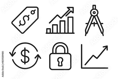 Financial Planning Icons. Fiscal decision kit linear set: cost marker, value bar, planning compass, secure lock, capital flow arrows, outcome indicator.