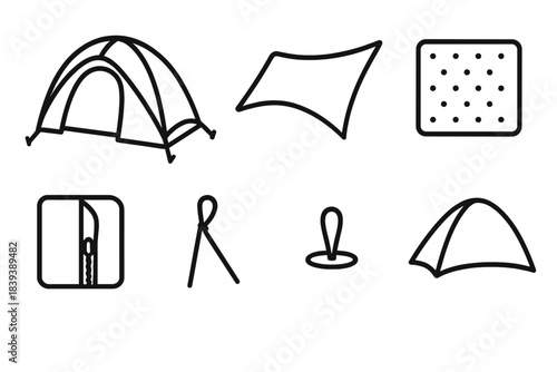 Portable Camping Icons. Portable Haven linear set: dome tent, rainfly sheet, support cord, thermal pad, zipper panel, mesh screen, anchor loop, shelter ridge.