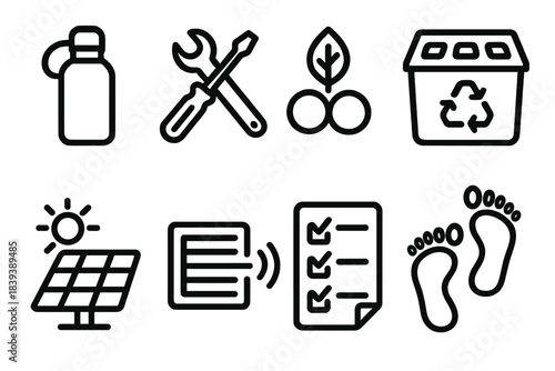 Eco-Friendly Icons. Earth-Conscious Daily Actions linear set: reusable bottle, repair toolkit, natural materials icon, multi-bin recycler, solar tile, fresh air vent, eco checklist