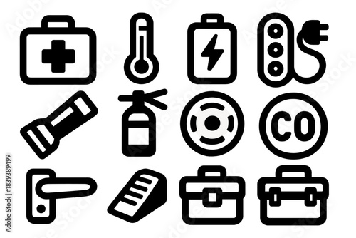 Bold Household Icons. Household Essentials silhouette set: first-aid kit, thermometer, battery pack, extension cord, power strip, flashlight, fire extinguisher, smoke detector,