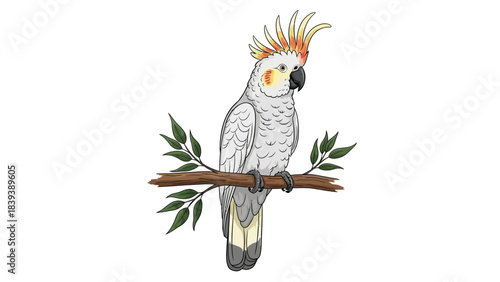 Elegant Sulphur-Crested Cockatoo Illustration Perched Serene on Branch with Green Leaves