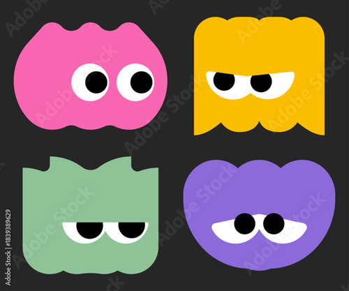 Set of four cute abstract blob characters with funny eyes and expressions on black background for stickers or mascots