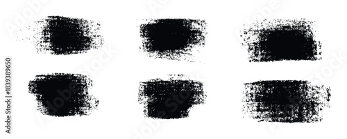 Six grunge brush strokes in black with a textured distressed effect, perfect for abstract backgrounds, textured overlays, and graphic enhancements in various media projects.