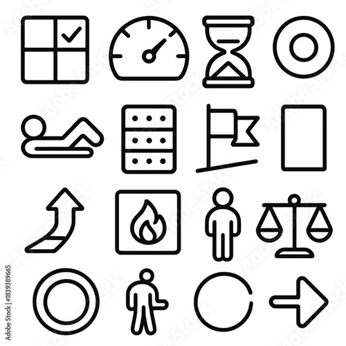 Balance and Progress Icons. Life Demands Balancing linear set: task-priority tile, energy gauge node, time-allocation bar, focus ring, rest cue dot, workload patch, goal alignment