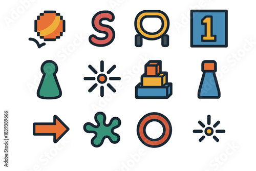 Playful Icon Set. Play Set pixel style set: bouncing ball icon, playful swirl, jump rope loop, hop marker tile, game piece symbol, joyful burst, toy block stack, movement arrow,