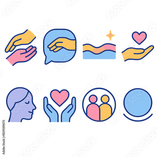 Empathy and Support Icons. Supportive Communication flat set: empathy hands, comfort bubble, gentle wave, reassurance spark, shared heart, soft tone icon, caring gesture, harmony