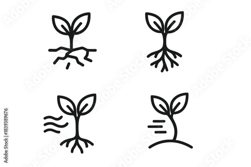 Resilient Plant Icons. Resilient Field Ecosystems linear set: drought-hardy sprout, soil-hold root strand, wind-resistant stem.
