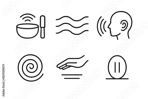 Mindfulness Icons Collection. Sound-Based Mindfulness Set linear set: tonal ring, ambient wave, listening focus icon, breath-sound sync, meditative swirl, grounding hand, quiet