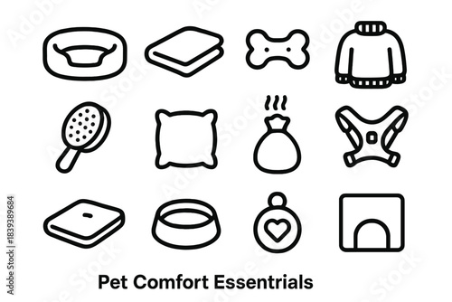 Pet Comfort Icons. Pet Comfort Essentials linear set: cozy pet bed, soft blanket pad, calming chew toy, warm sweater icon, gentle brush, comfort cushion, soothing scent pouch,