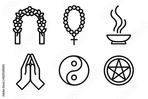 Ceremonial Icons Collection. Ceremony linear set: floral arc, ceremonial bead, gentle smoke trail, gathered hands, harmony emblem, ritual token.