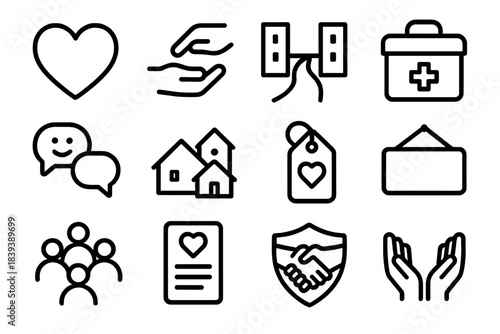 Community Care Icons. Assured Community Care Set linear set: heart emblem, supportive gesture, open pathway, resource box, friendly chat icon, neighborhood symbol, help tag,
