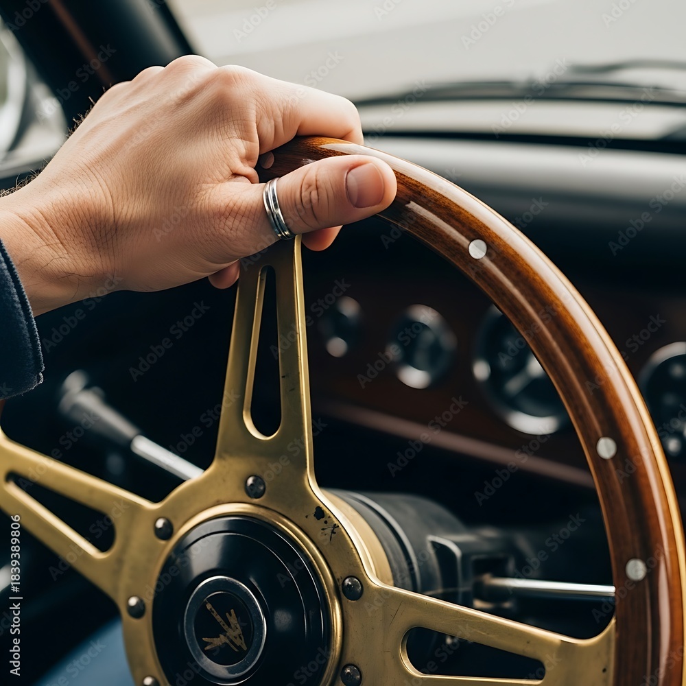 Obraz premium Close-Up of Hand on Classic Cars Wooden Steering Wheel, Driving.