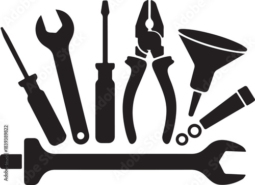 Black silhouette of various automotive repair tools and a funnel wrench spanner