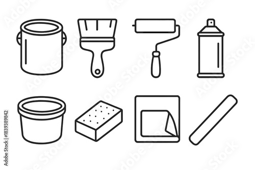 Painting Supplies Icons. Painting Supply Set linear set: paint tin, wide brush, roller frame, primer spray, spackle tub, sanding block, masking sheet, paint stir bar.