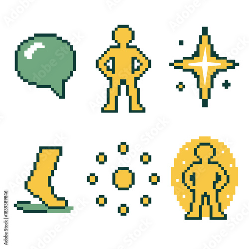 Pixel Art Self-Trust Icons. Self-Trust pixel style set: reflective bubble, grounded stance, inner compass, clarity beam, confidence star, steady step, affirmation dot, personal