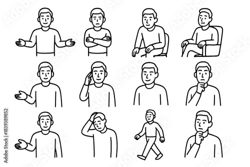 Body Language Icons. Body Language Communication Set linear set: open posture, closed stance, alert lean, relaxed seated pose, hand gesture, facial attention, subtle nod, raised