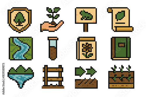 Environmental Stewardship Icons. Environmental Stewardship Tools pixel style set: conservation badge, tree planting hand, habitat marker sign, eco policy scroll, watershed map,