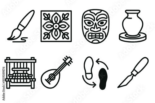 Cultural Art Icons. Artistic Cultural Expressions linear set: paintbrush stroke, folk pattern tile, carved mask, pottery wheel, textile loom, music string instrument, dance step