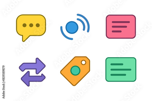 Colorful Icon Set. Language Parsing Set isometric flat set: dialogue bubble, audio ripple, word block, interpretation arrow, meaning tag, phrase card.