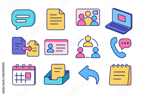 Corporate Messaging Icons. Corporate Messaging Set isometric flat set: office chat bubble, memo sheet, conference call icon, laptop screen, file exchange arrow, business card,