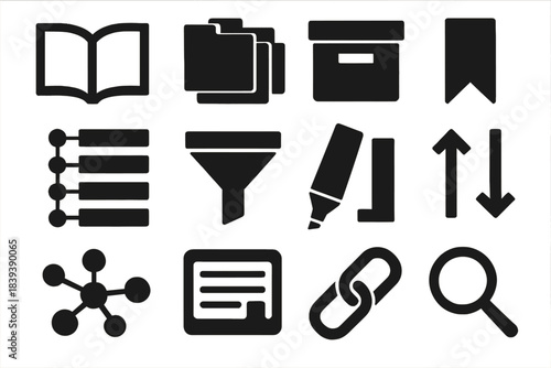 Brutalist Information Icons. Information Curation silhouette set: open book, labeled folders, archive box, bookmark tag, structured index, filter funnel, highlight marker, sorting