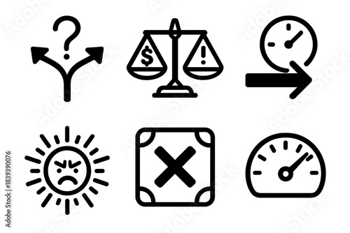 Decision-Making Icons. High-Stakes Selection Patterns linear set: critical choice node, risk–reward scale, urgent decision arrow, stress burst icon, constrained option tile,