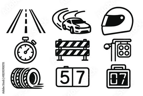 Racing Icons Collection. High-Speed Track Scenes linear set: straightaway segment, drift corner, tire marks, pit crew helmet, stopwatch gauge, safety barrier, trackside lights, lap