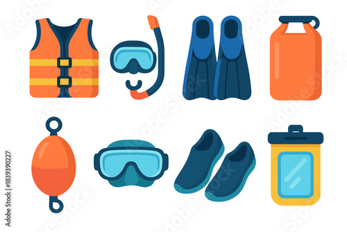 Water Adventure Essentials. Water Activity Gear flat set: life jacket, snorkel tube, swim fins, waterproof bag, floating buoy, diving mask, water shoes, dry pouch.