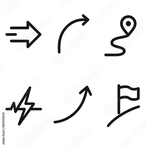 Drive Concept Icons. Drive Concepts linear set: momentum arrow, direction arc, forward path, goal marker, energy line, progress curve.