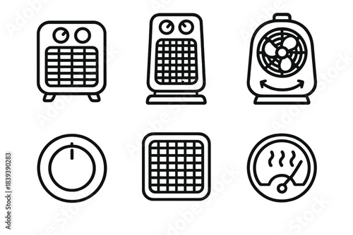 Portable Heater Icons. Portable Heaters linear set: compact heater, ceramic heat element, oscillating warm-air fan, adjustable knob, safety grille, heat output gauge.