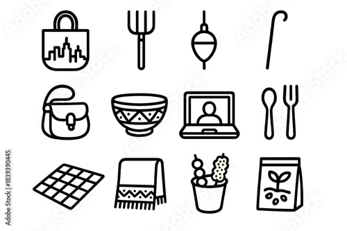 Everyday Life Icons. Everyday Life Diversity linear set: skyline tote, farm tool, fishing float, hiking stick, desert satchel, artisan bowl, laptop screen, cultural utensil, picnic