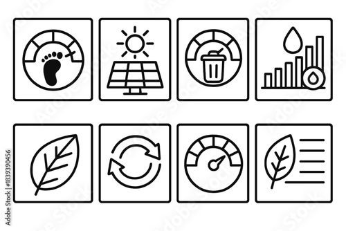 Sustainable Insight Icons. Sustainability Insight Panels linear set: carbon footprint meter, renewable energy tile, waste-reduction gauge, water-use tracker, biodiversity indicator