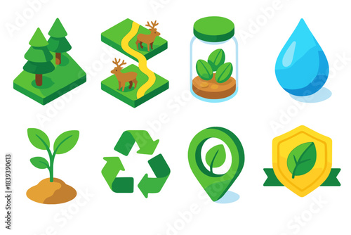 Isometric Nature Icon Set. Nature conservation concepts set isometric flat set: protected forest, wildlife corridor, seed bank jar, clean water droplet, restoration sapling,