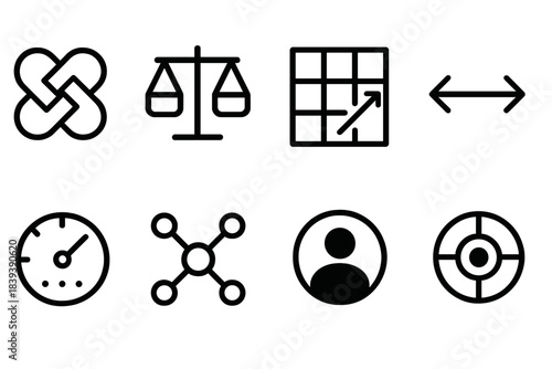 Hybrid Workflow Icons. Hybrid Productivity Frameworks linear set: blended workflow tile, task–focus balance bar, hybrid schedule grid, context-switch arrow, attention allocation
