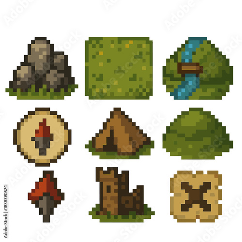 Pixel Wilderness Icons. Wilderness map features set of icons in flat pixel vector style: rocky outcrop, meadow field, stream crossing, hilltop, compass marker, tent site, ruined