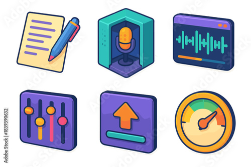 Isometric Podcast Icons. Podcast Production Flow flat isometric set: script draft page, sound booth icon, waveform editor, mixdown slider, upload panel, performance gauge.