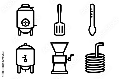Brewery Equipment Icons. Brewery Tools linear set: fermentation tank, mash paddle, hydrometer, brew kettle, grain mill, wort chiller.