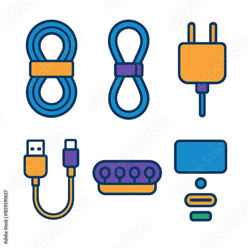 Modern Cable Management. Cable Management Essentials flat set: wrapped cord, tidy loop strap, minimalist plug, short charging cable, cable holder, port alignment icon.