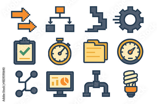 Efficiency Icons Set. Process Efficiency Icons pixel style set: streamlined arrows, optimized workflow chart, minimal-step path, gear with speed lines, fast-check clipboard,