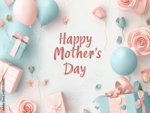Pastel banner with gifts, roses, balloons and Happy Mothers Day text in soft colors