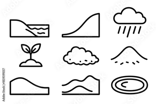 Coastal Ecosystem Icons. Environmental scene set linear set: coastline line, hillside slope, rainfall symbol, tree sapling, moss patch, dune ridge, storm cloud, freshwater pool.